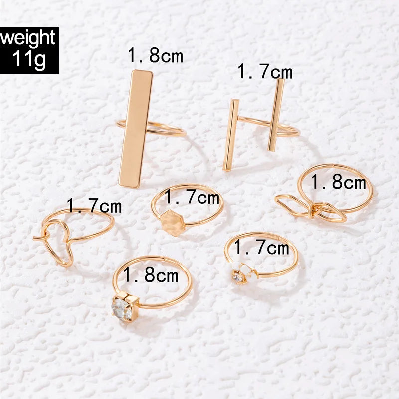 7Pcs/Sets Geometric Diamond Rice Bead Flower Finger Ring Set Hollow Out Heart Bowknot Knuckle Rings Set Women Jewelry