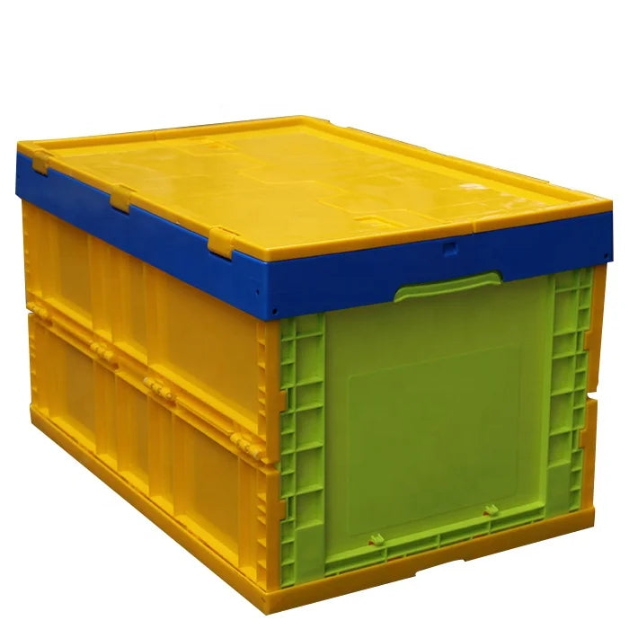 QS Collapsible Crate Industrial Stackable Folding Transport Plastic Moving Crate for  Storage Totes Attached Lid Hinged Lid