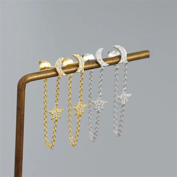 SP Long Tassel Earrings Jewelry 18K Gold Plated 925 Sterling Silver Rhinestone Moon and Star Long Chain Stud Earrings