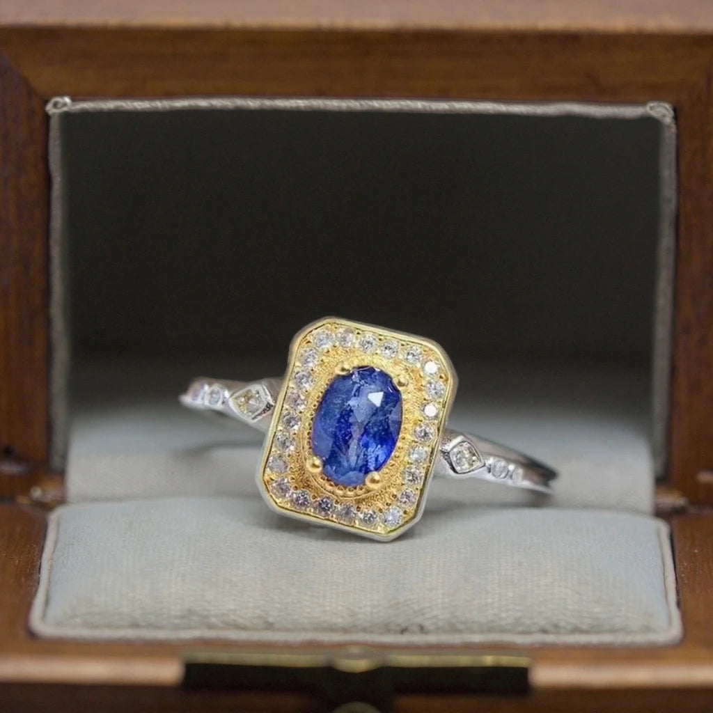 Elegant Classic Vintage Jewelry Rings Fashion Dainty Gold Plated 925 Sterling Silver Natural Sapphire Oval Cut Diamond Party