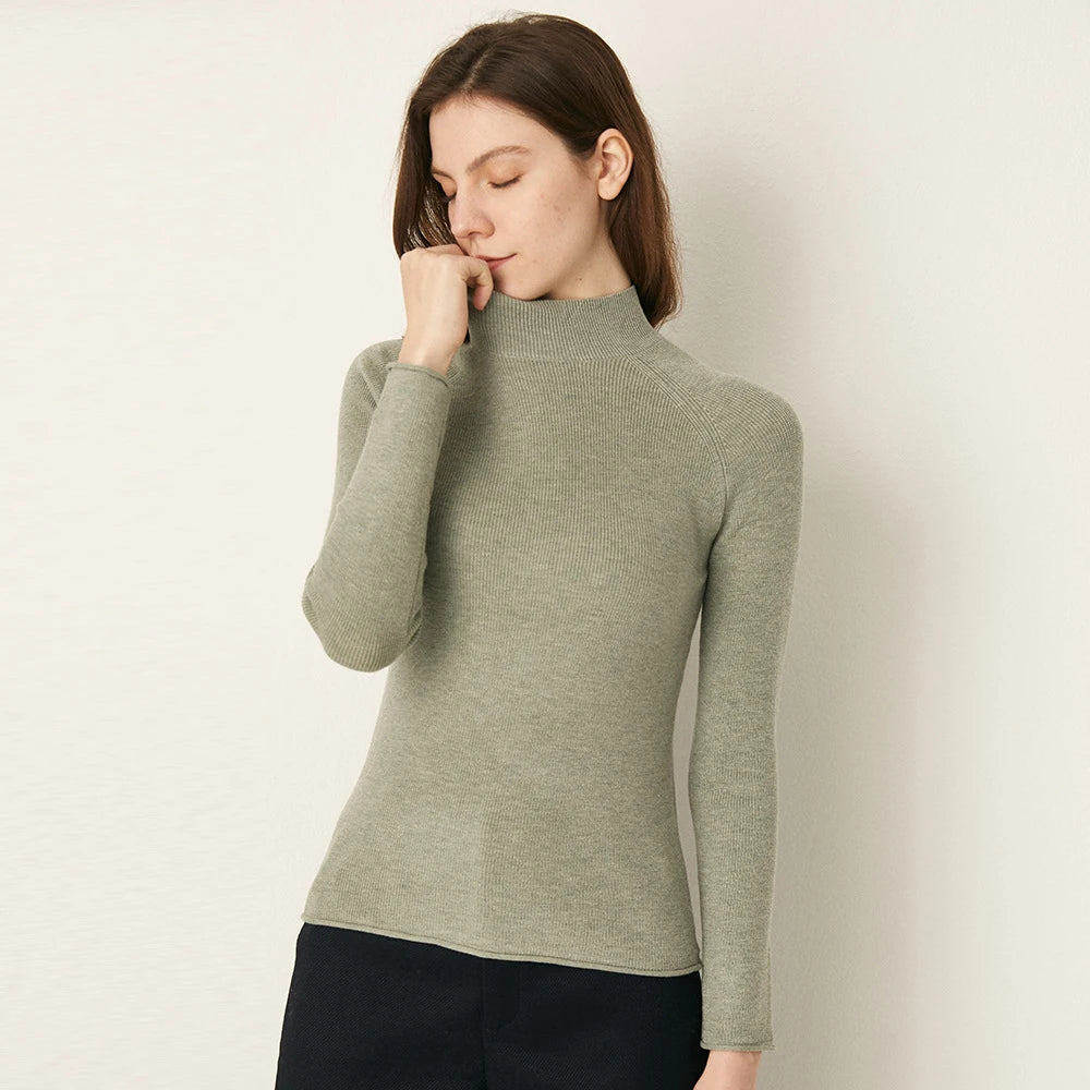 High Quality Winter Solid Color Round Collar Pullover  Half High Collar Long Sleeve Wool Undershirt Sweater Woman