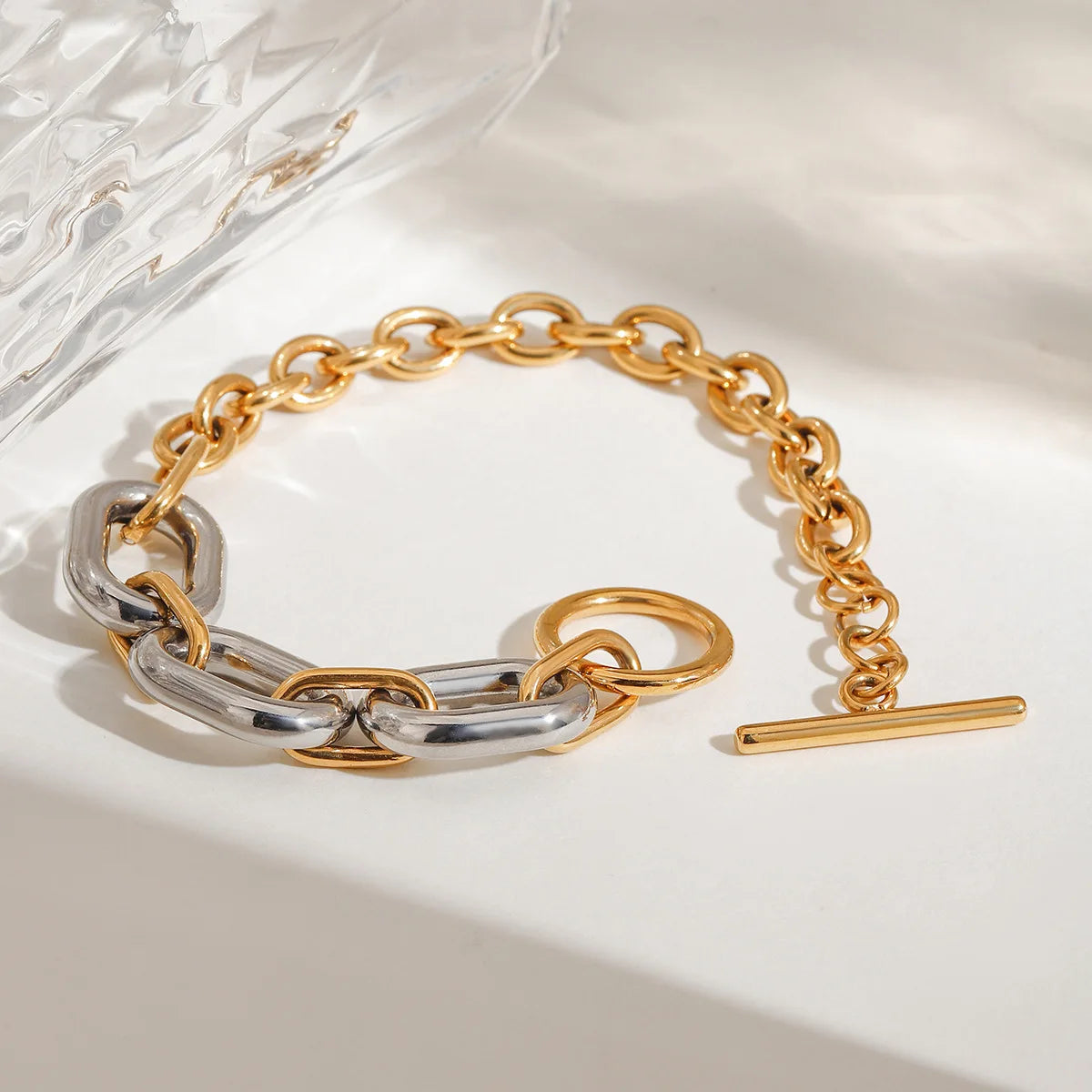 18K Gold Stainless Steel Block Oval Hollow Circle Cross Chain Bracelets Geometric Style Trendy Gold Silver Color for Anniversary