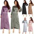 Traditional Islamic Clothing Casual Muslim Long Dress Satin Solid Color Wrap Maxi Dress Dubai Modest Muslim Dress for Women