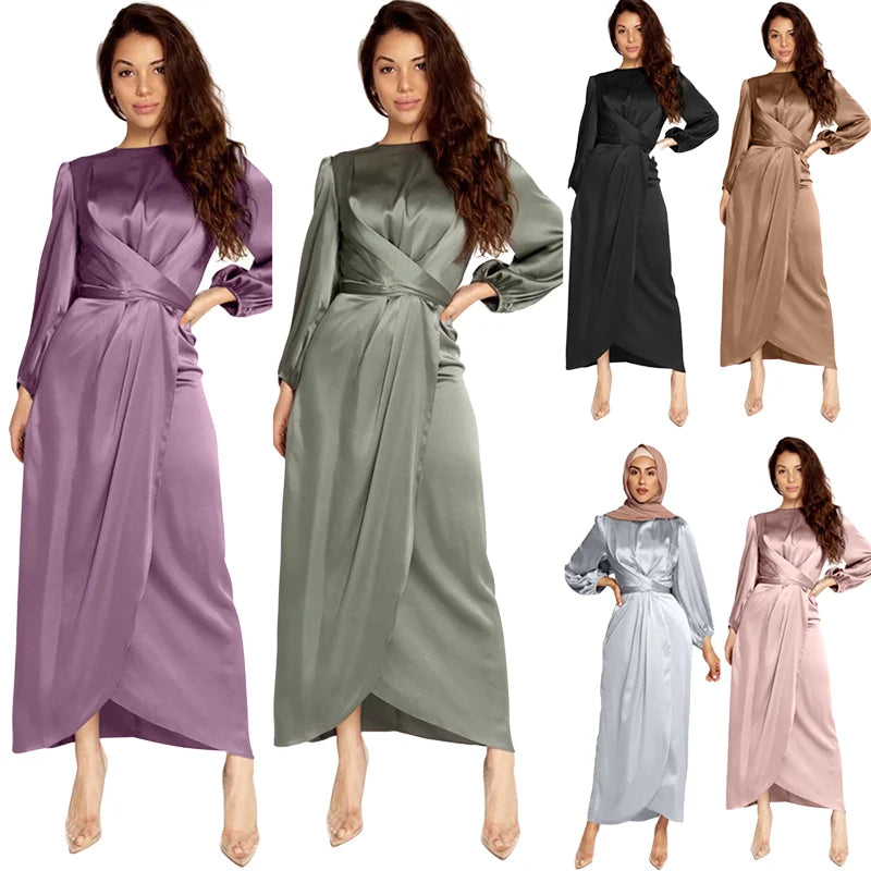 Traditional Islamic Clothing Casual Muslim Long Dress Satin Solid Color Wrap Maxi Dress Dubai Modest Muslim Dress for Women