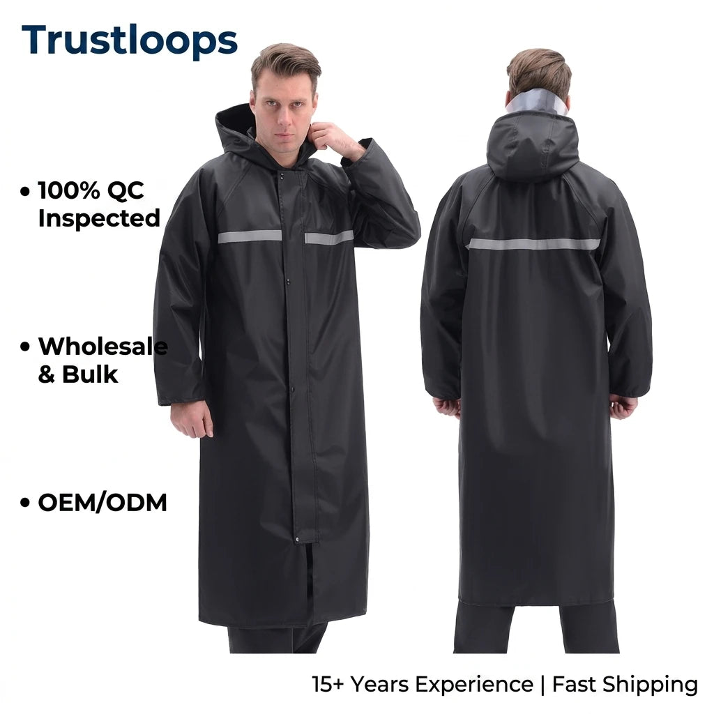 Trustloops Custom Private Label Motorcycle Raincoat One Piece Oxford Waterproof Hooded Black Rainwear OEM ODM Bulk