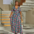 Women's Dress Bohemian Beach Short-sleeved Dress V-neck Casual Floral Large Swing Long Skirt Plus Size