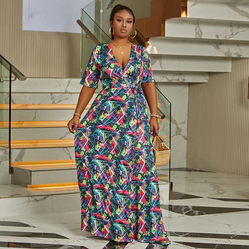Women's Dress Bohemian Beach Short-sleeved Dress V-neck Casual Floral Large Swing Long Skirt Plus Size