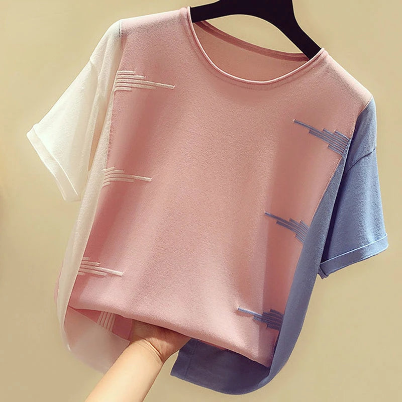 Office Lady Simple Casual Slim Women's Short Sleeve Summer Knitted Shirt Blouse MegaBDM
