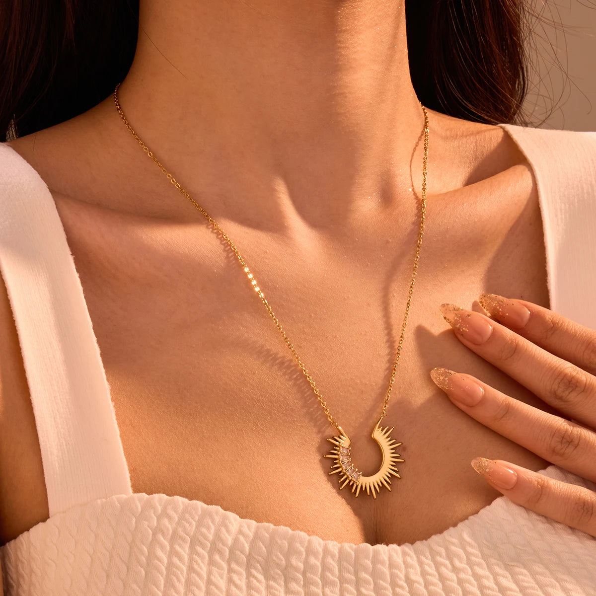Vintage Sunflower Necklace with Rectangle Gem 18K Gold Plated Stainless Steel Trendy Link Chain for Gift