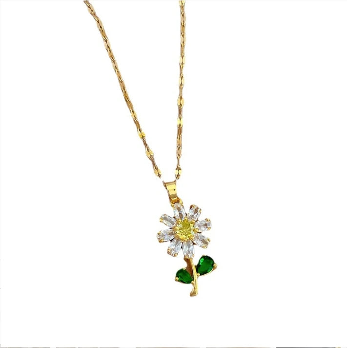Vintage Stainless Steel Chain Full Zircon Crystal Flower Pendant Elegant 18k Gold Plated Necklace Jewelry for Women Girls Gifts