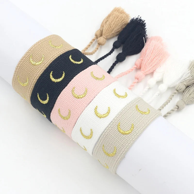 Ethnic Style Colorful Webbing Embroidered Golden Thread Crescent Pattern Wrap Bracelet