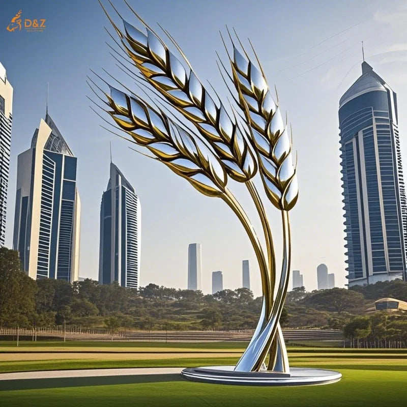 Outdoor City Square Garden Decor Polish Art Large Metal Coat Wheat Ear Statue Giant Stainless Steel Farm Crop Statue Sculpture