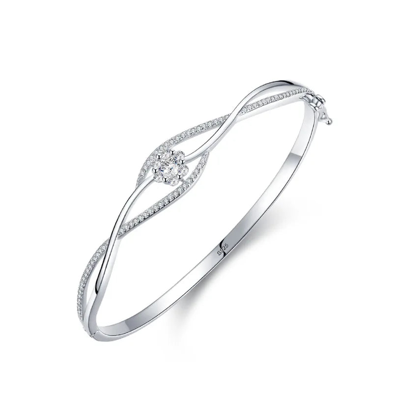 SZ042 S925 Sterling Silver Bracelet for Women Micro Pave Zircon Flower Shape Bangle for Daily Wear Wedding Anniversary Gift