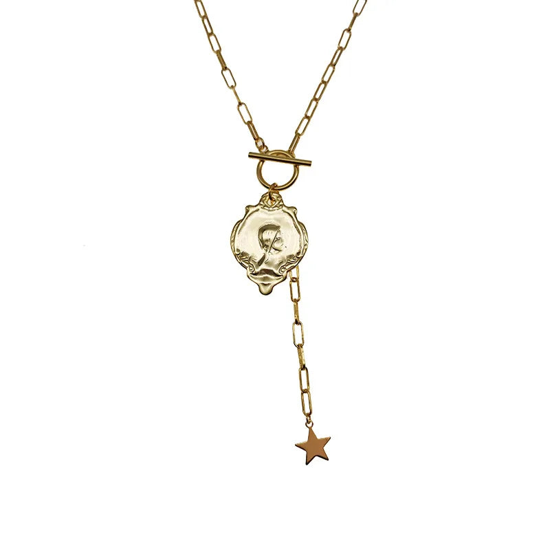 Wish Jewelry Gold Plated Paper Clip Chain Embossed Necklace Delicate 925 Sterling Silver OT Clasp Star Portrait Pendant Necklace