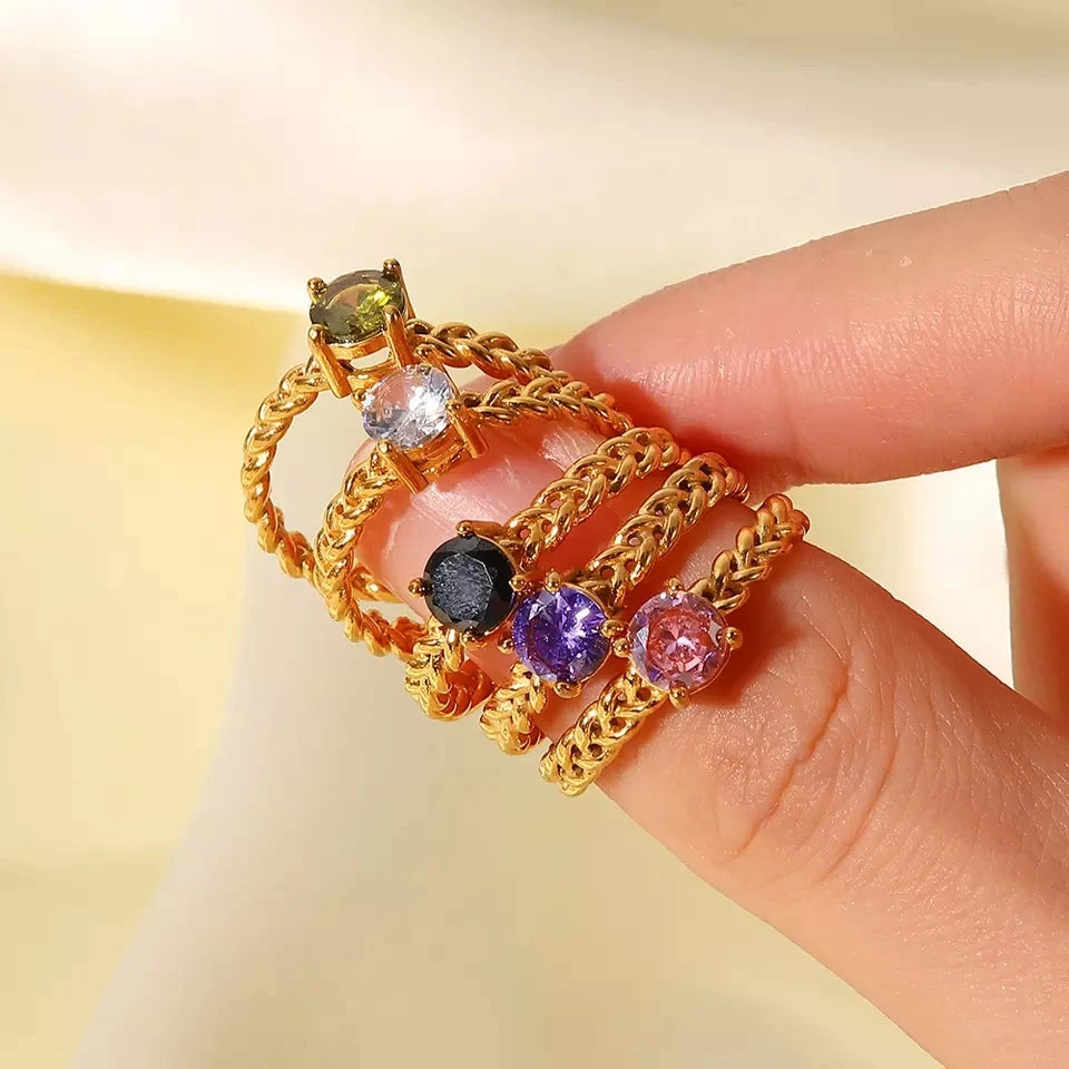 Luxury Wedding Gemstone Ring Woven Chain Stainless Steel Cz Stone Gold Adjustable Rings For Bijoux Acier Inoxidable Femme