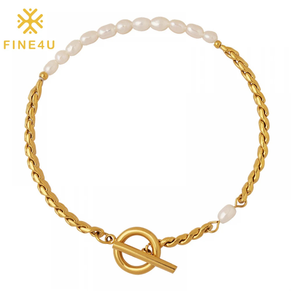Women Fashion Jewelry Dainty Ot Clasp Stainless Steel Rope Chain 18K Gold Freshwater Pearl Bracelet
