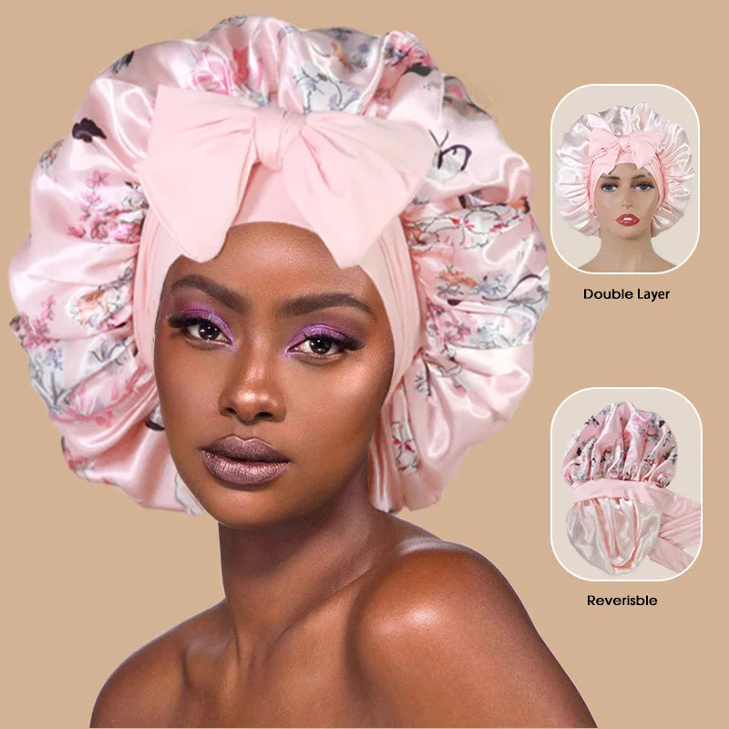 Custom Digital Print Women Elastic Band Reversible Double Layer Hair Silk Satin Bonnets With Tie