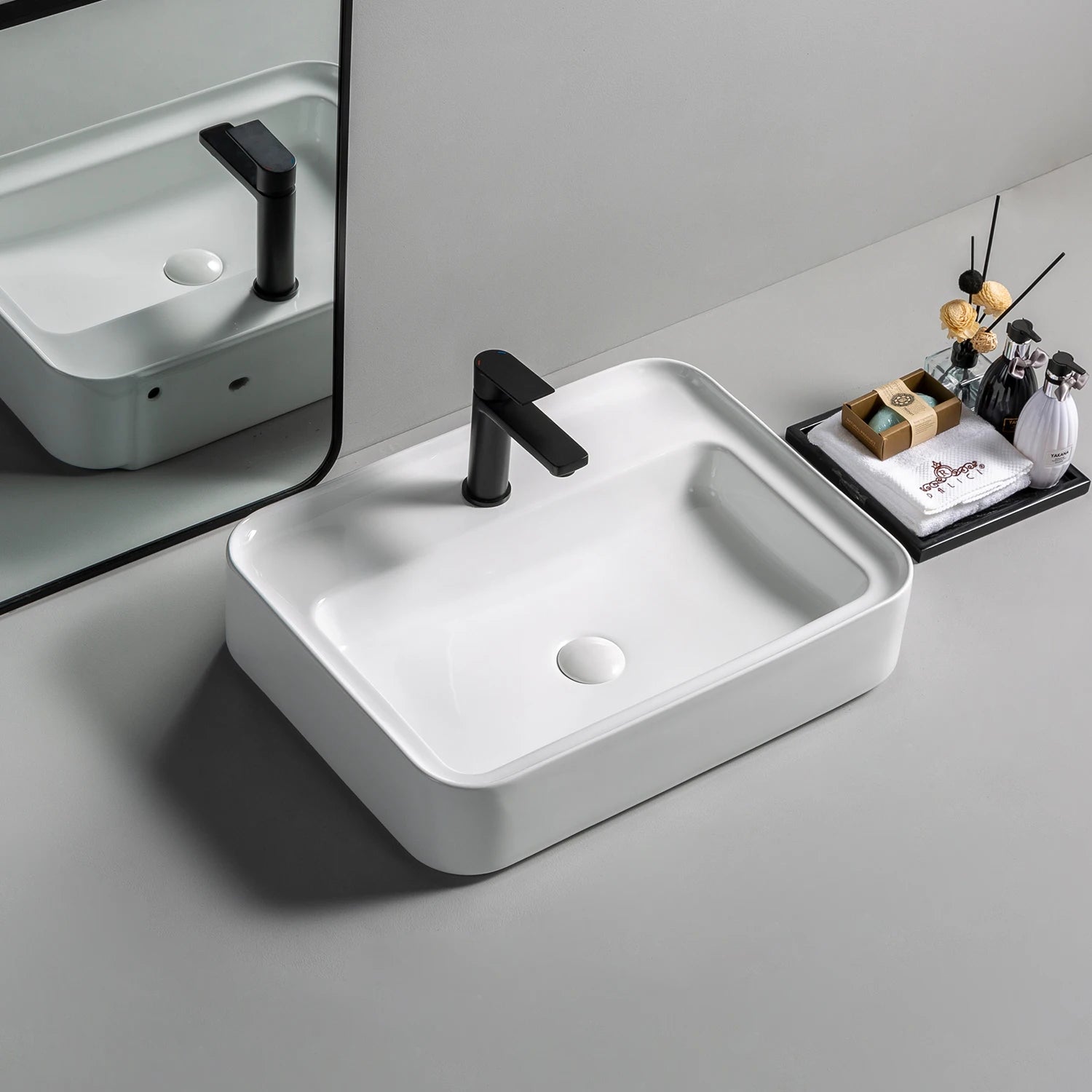 High Grade Countertop Ceramic Bathroom Sink Breakwater Border Design Rectangular Hand Wash Basin