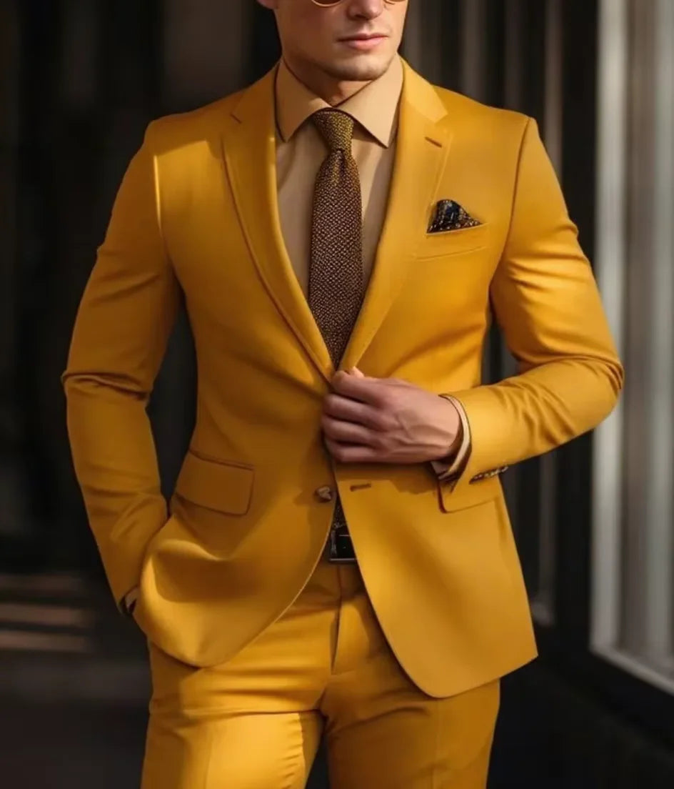 Dark Yellow Men Business Suits Notched Lapel  Groom Groomsman Tuxedos Wedding Party Formal Occasion 2 Piece Set Jacket Pants