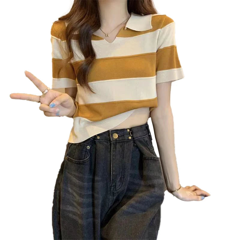 Summer POLO-neck Knit Top Slim Short Top Knit Pullover T-shirt for Women