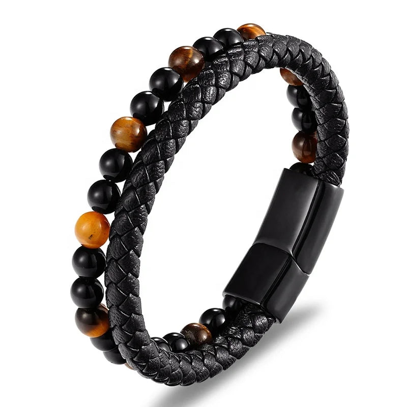 Men's Stainless Steel Leather Woven Multilayer Bracelet with Explosion Style Natural Stone Beads Fashion Charm Bracelets
