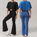 Newest Custom Logo Women Workout 2 Piece Set Loose Short Sleeve Shirts Drawstring Flared Pants Tracksuit Yoga Fitness Dance Set