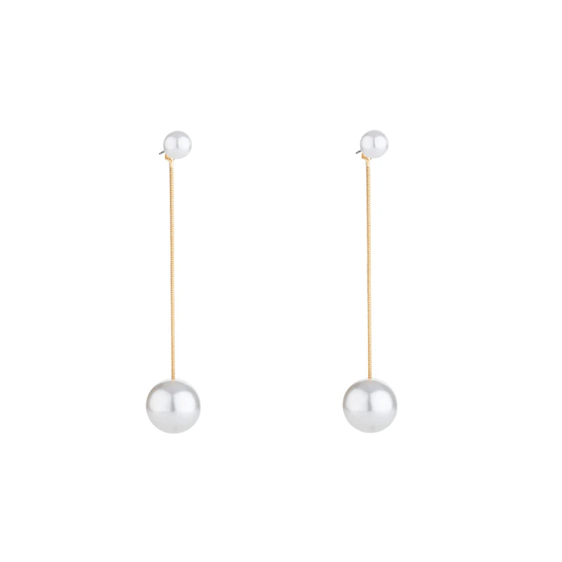 S925 Silver Korean Geometric Stud Earrings for Women White Round Pearl Long Earrings Jewelry Fashion