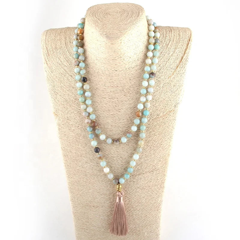 Women Yoga Necklace Amazonite Stone Buddha Charm Pendant Necklace 108 Beads Mala Necklace