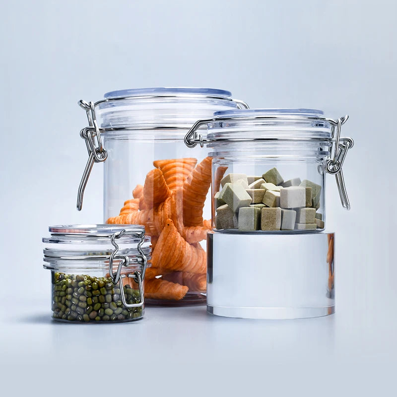 Popular Custom logo clear Pet Plastic Food Storage Cosmetic Packaging Empty Jars Container with Seal Clip Top for Pickles