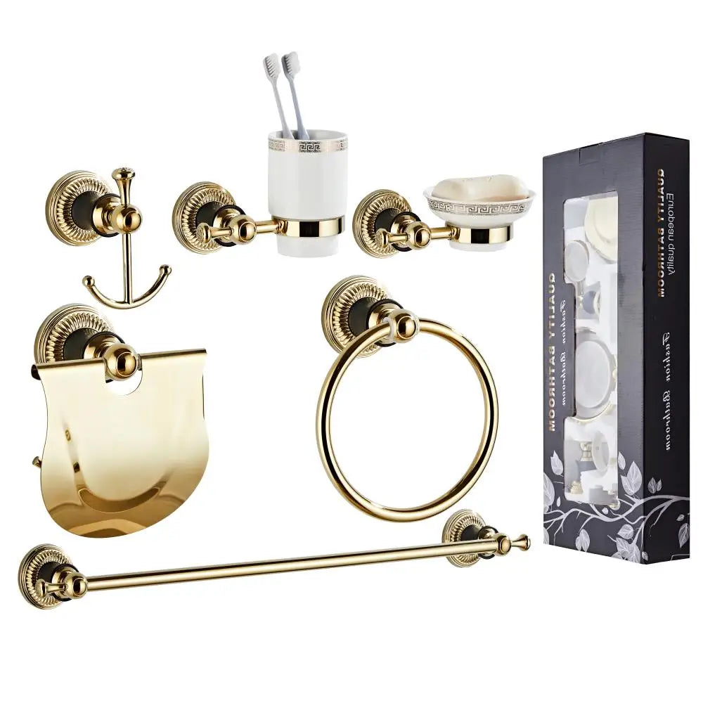 6-Piece Bathroom Accessory Set Gold Soap Holder Toilet Paper Holder Hand Towel Ring Wall Mount Towel Rack Bar Heater for Hotels