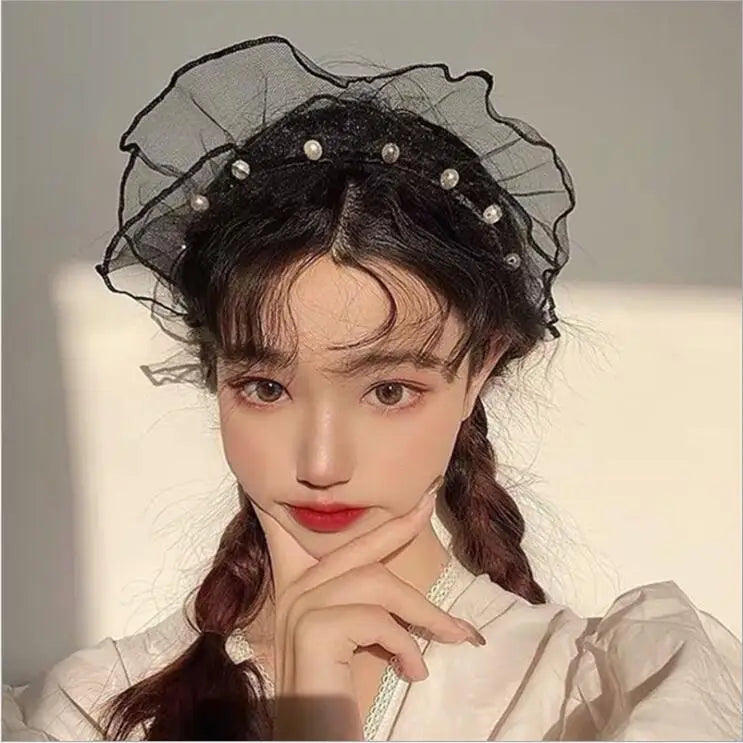 HOVANCI 2021 New Sweet Pearl Decor Mesh Panel Hairband for Women Headwear Black Temperament Hair Hoop Female Hair Accessories