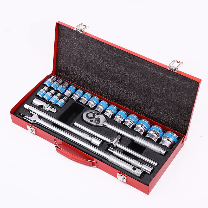 24pcs Packaging Metal Box 1/2" Auto Repair Tools Set Socket Wheel Spanner Repair Socket Tool Sets for Car Bicycles Tool Set