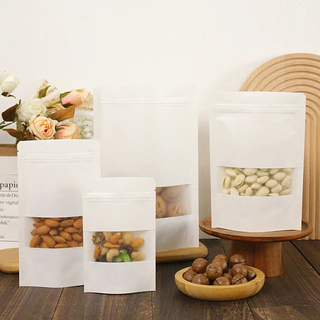 OEM MOPP White Kraft Paper Bag CPP Food Grade Recyclable Stand up Zipper Pouch with See-Through Window for Cashew Nuts Sugar