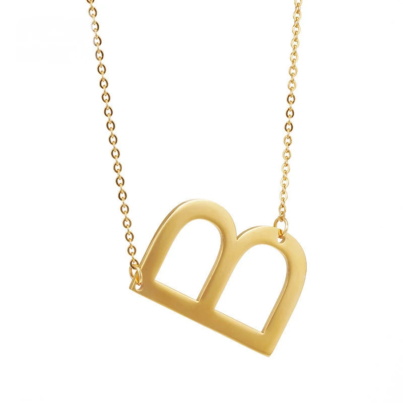 Women's 18K Gold Plated Stainless Steel Monogram Pendant Necklace Sideways Large Initial Design with Link Chain Gift