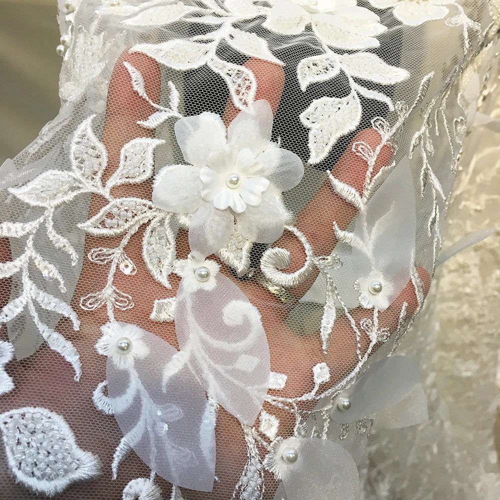 White Embroidery French Tulle Lace Fabric 3D Flowers Net Lace Fabrics With Pearls for Wedding Bridal Dress