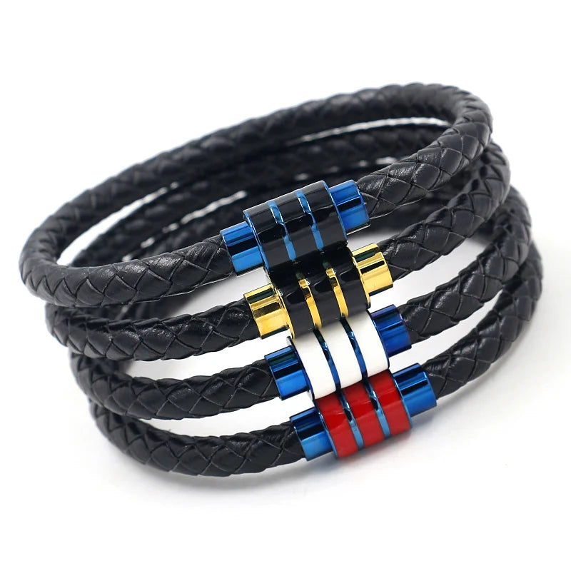 Colorful Stripes Titanium Steel Magnetic Buckle Leather Braided Wrap Bracelet for Men