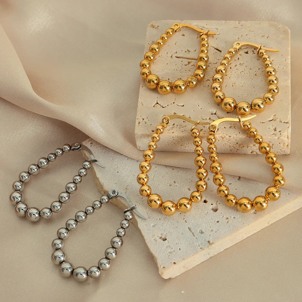 New Trendy Earring Waterproof Tarnish Free 18K Gold Plated Gradient Bead Oval U Stainless Steel Hoop Earrings