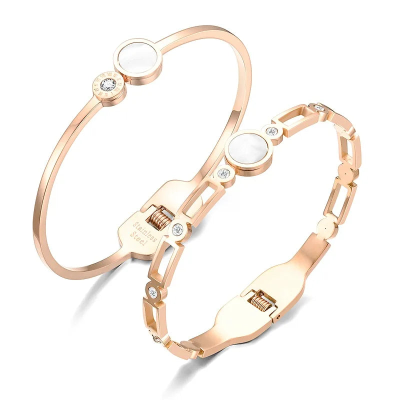 DINGCHAO Rose Gold Stainless Steel Bangle Roman Numeral Engraving with Zircon for Women Fashion Jewelry Gift