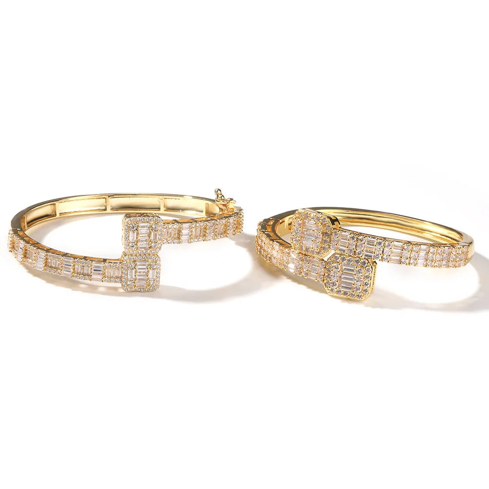 Hot Sale Jewelry Baguette Diamond Brass Iced Out CZ in Rose Gold Bangle Hip Hop Bracelet for Men