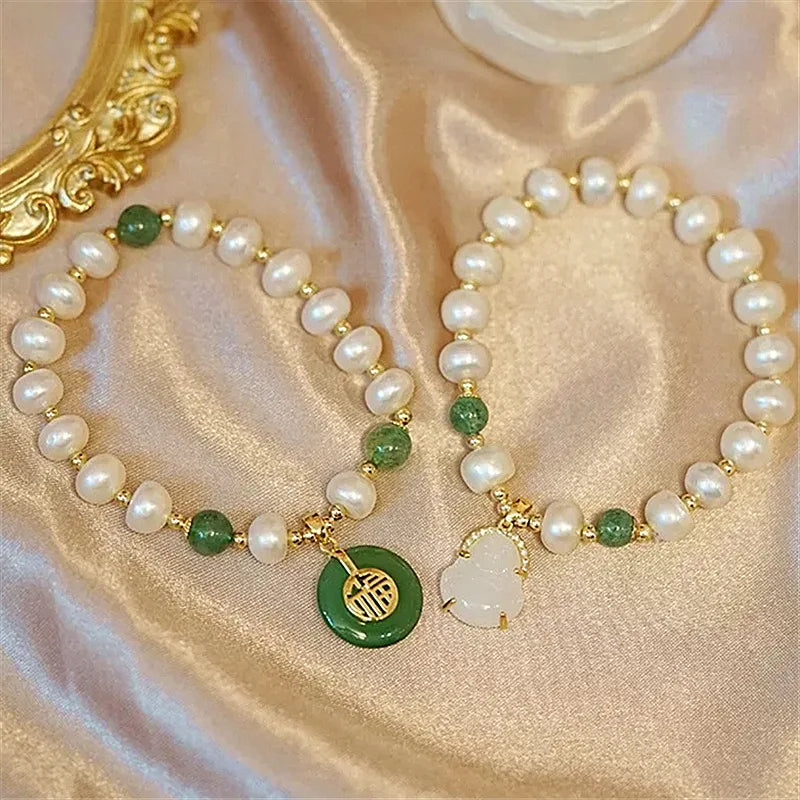 Chinese Style Natural Baroque Pearl String Beads Bracelets Transparent Lucky Character Buddha Statue Jade Charm Bracelet