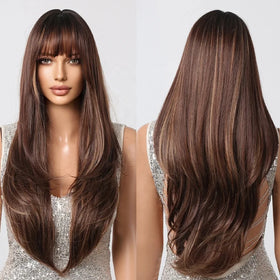 Brown Long Water Wave Synthetic Wigs Natural Hair Wig for Women With Bangs Cosplay Daily Wigs Heat Resistant