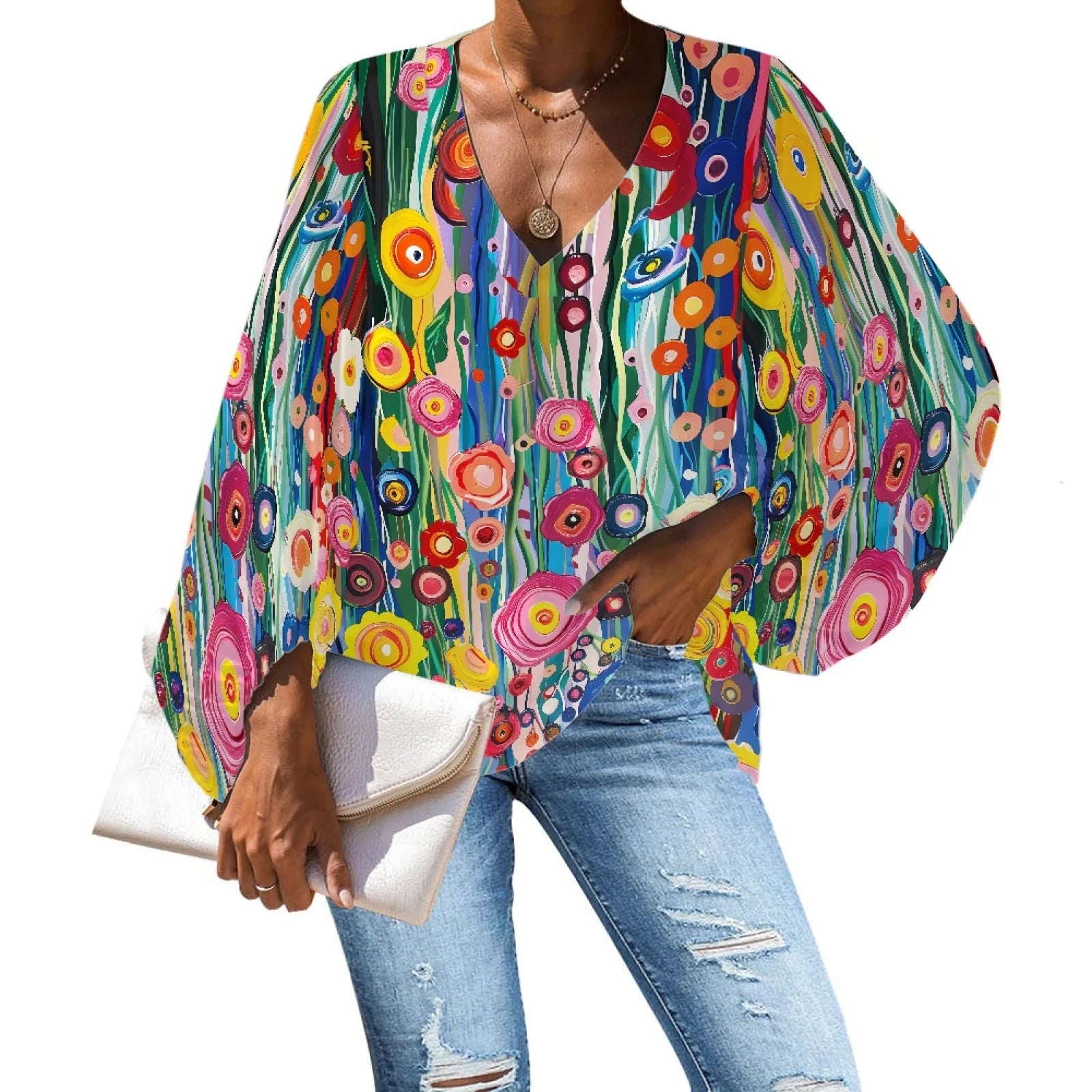 Fashionable Flowers Printed Women's 2024 Long Sleeve Tops Dressy Casual V Neck Tunic Shirts Loose Chiffon Work Blouse for Women