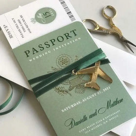Luxury Green Booklet Invite Gold Foil Passport Wedding Invitation with Boarding Pass RSVP