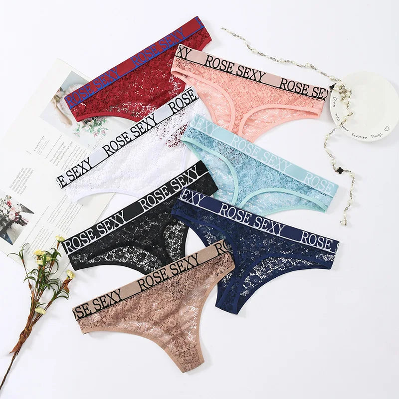 Plus Size Lace Sexy Thongs for Women See Through Female G-String Panties With Letter Waistband Hollow Out T-Back Girls Intimate