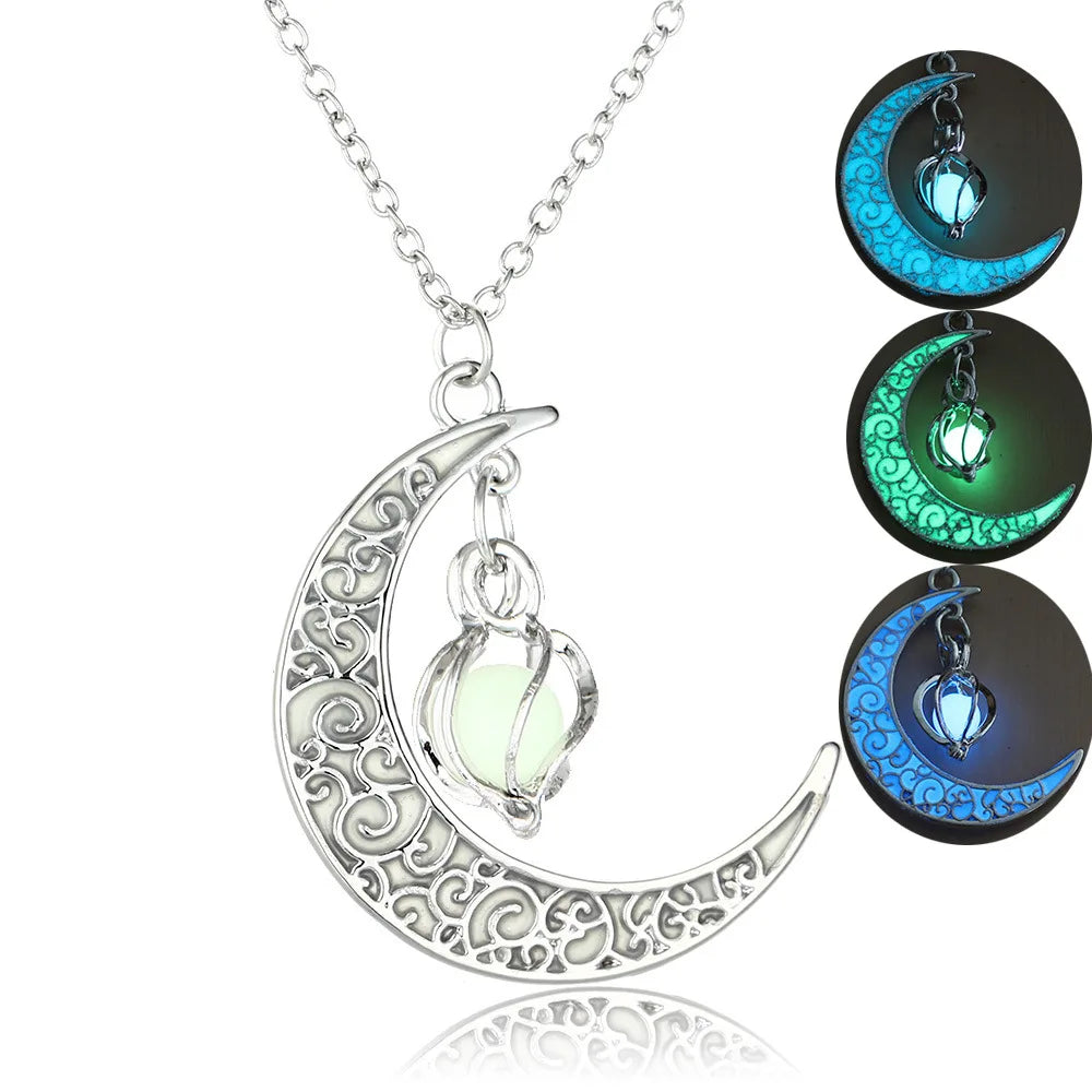 Trendy Wholesale Hollow Spiral Moon Luminous Pendant Necklace Pumpkin Pendant Luminous Bead Necklace Love Gift