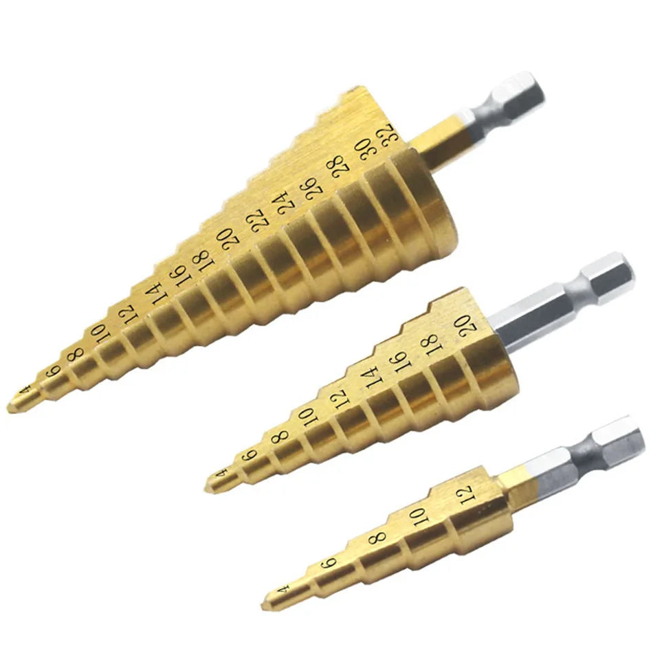 Bearing Steel Step Drill Titanium-Plated Pagoda Drill Bit Set Industrial Hexagonal Shank Straight Groove Woodworking