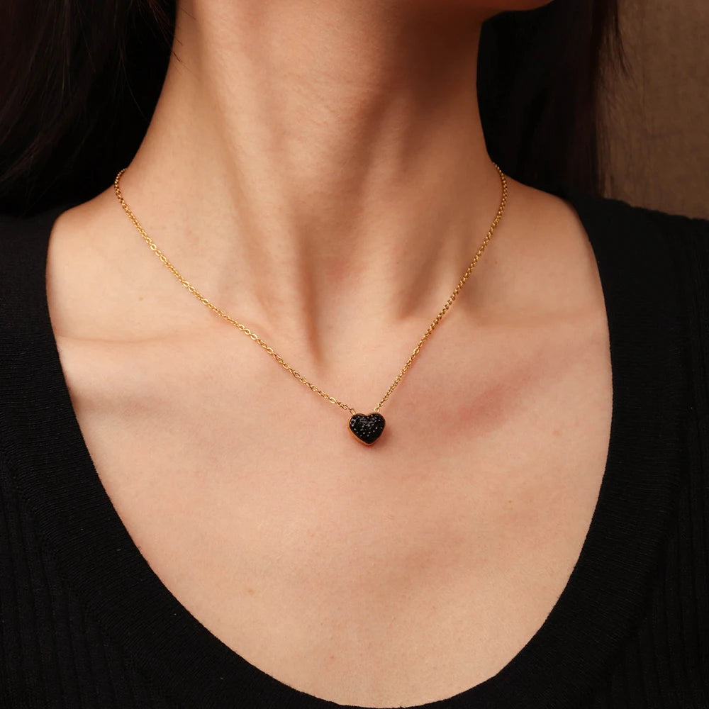 Chris April 18k PVD Gold Plated 316L Stainless Steel Vintage Heart Pendant Black Onyx Bejeweled Charm Necklace