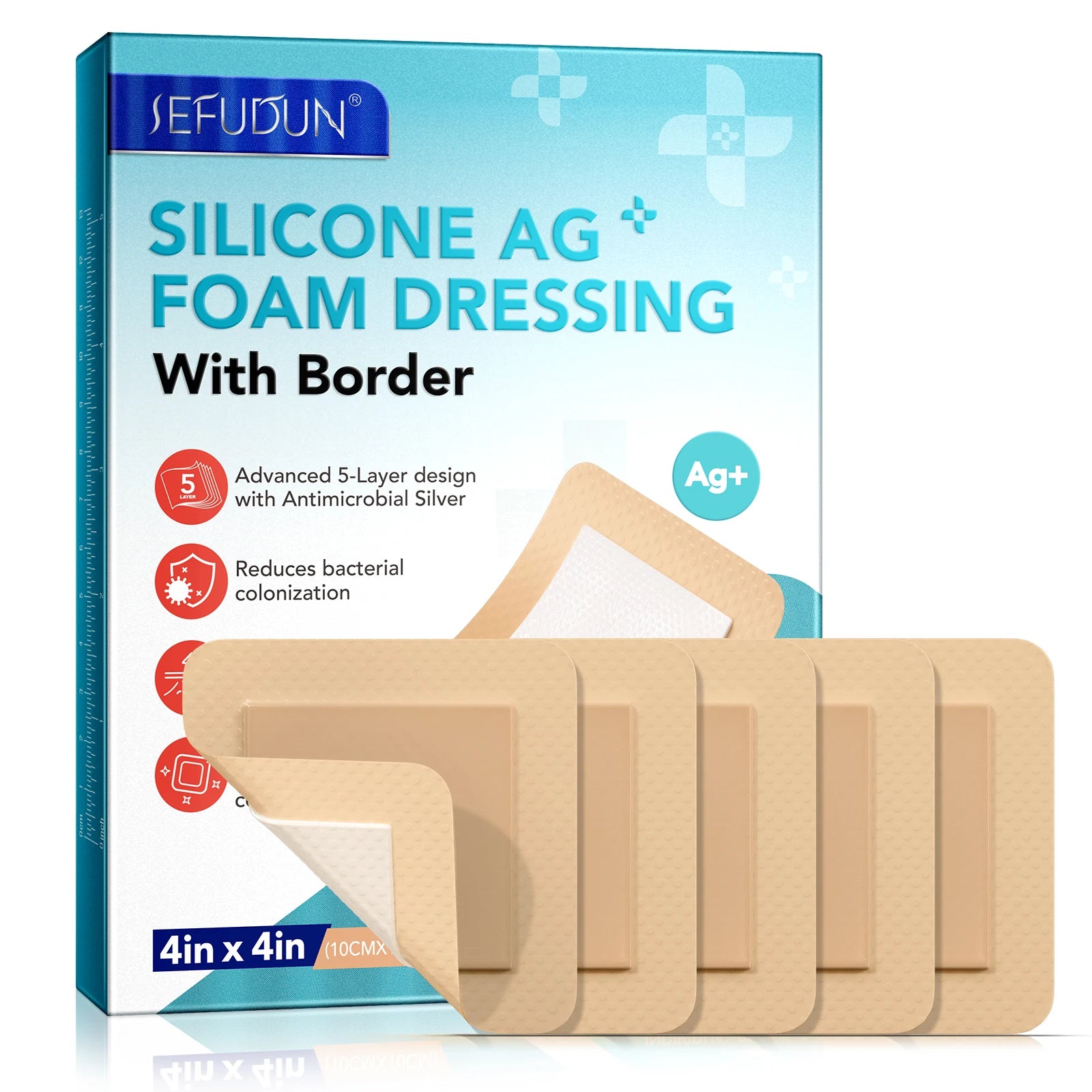 SEFUDUN 5 Packs Wound Care 4 x 4 in Waterproof Breathable Sterile Bandage Silicone AG Foam Dressings with Border Adhesive