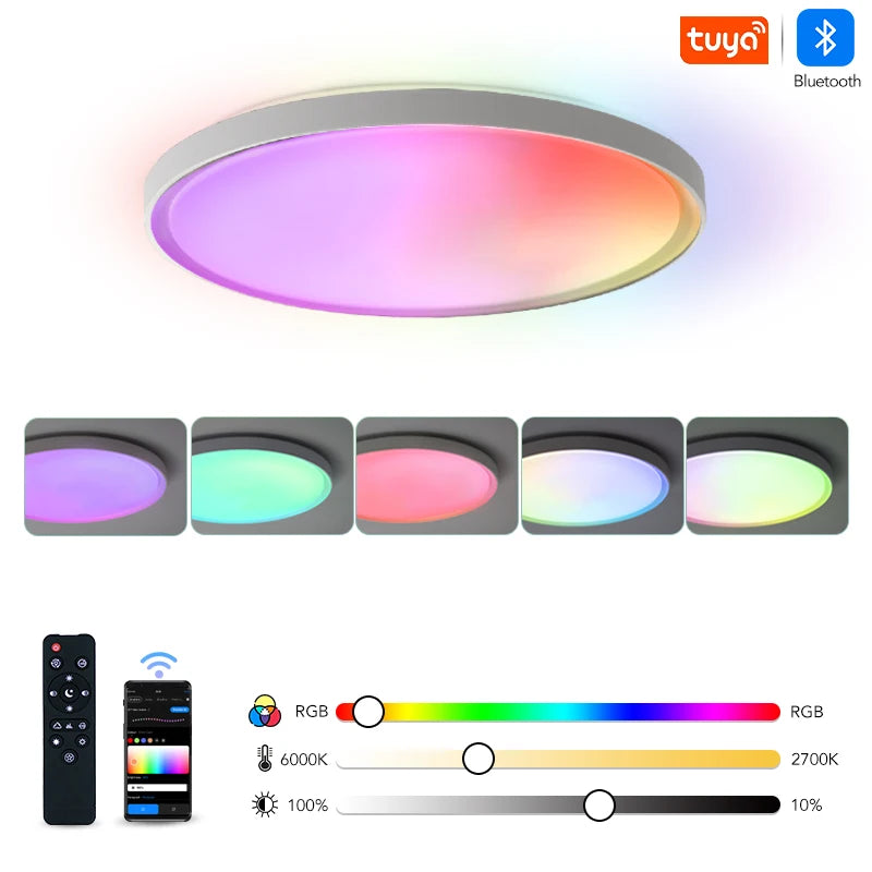Modern 18-Inch RGBW Smart Colorful Flush Mount LED Ceiling Light with TUYA APP & Remote Control for Bedroom and Living Room
