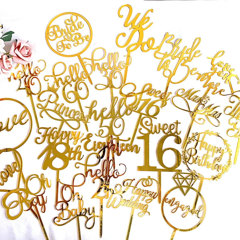 Hot Sale Gold Acrylic Cake Topper Letter and Number Cake Topper for Birthday Party Wedding Decoration